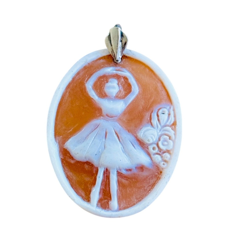 VTG Ballerina Cameo Carved Shell Pendant Italy Sterling Antique Art Deco Floral